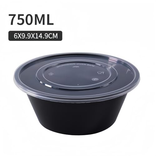 KazeSo 50個-蓋付き使い捨てプラスチックデリ食品保存容器、蓋付き電子レンジ対応ボウル、黒い食品保存容器、漏れ防止、食事準備、ピクニック、テイクアウト、旅行、果物、スナック、または液体に最適 使い捨て弁当箱 テイクアウトボックス デリバリーボックス ご飯箱 蓋付き弁当箱 使い捨て椀 食事箱 デリバリー用弁当箱と食器 (750ml)