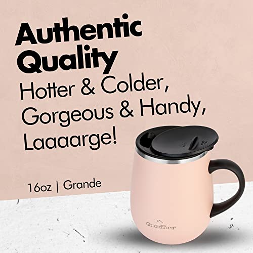 GRANDTIES グランタイズ 全19色 プレミアム真空断熱マグカップ 460ml 簡単開閉スライド蓋付き ステンレス製 二重壁真空断熱構造 保温・保冷機能付き オフィスでも人気 (ピーチクレム)