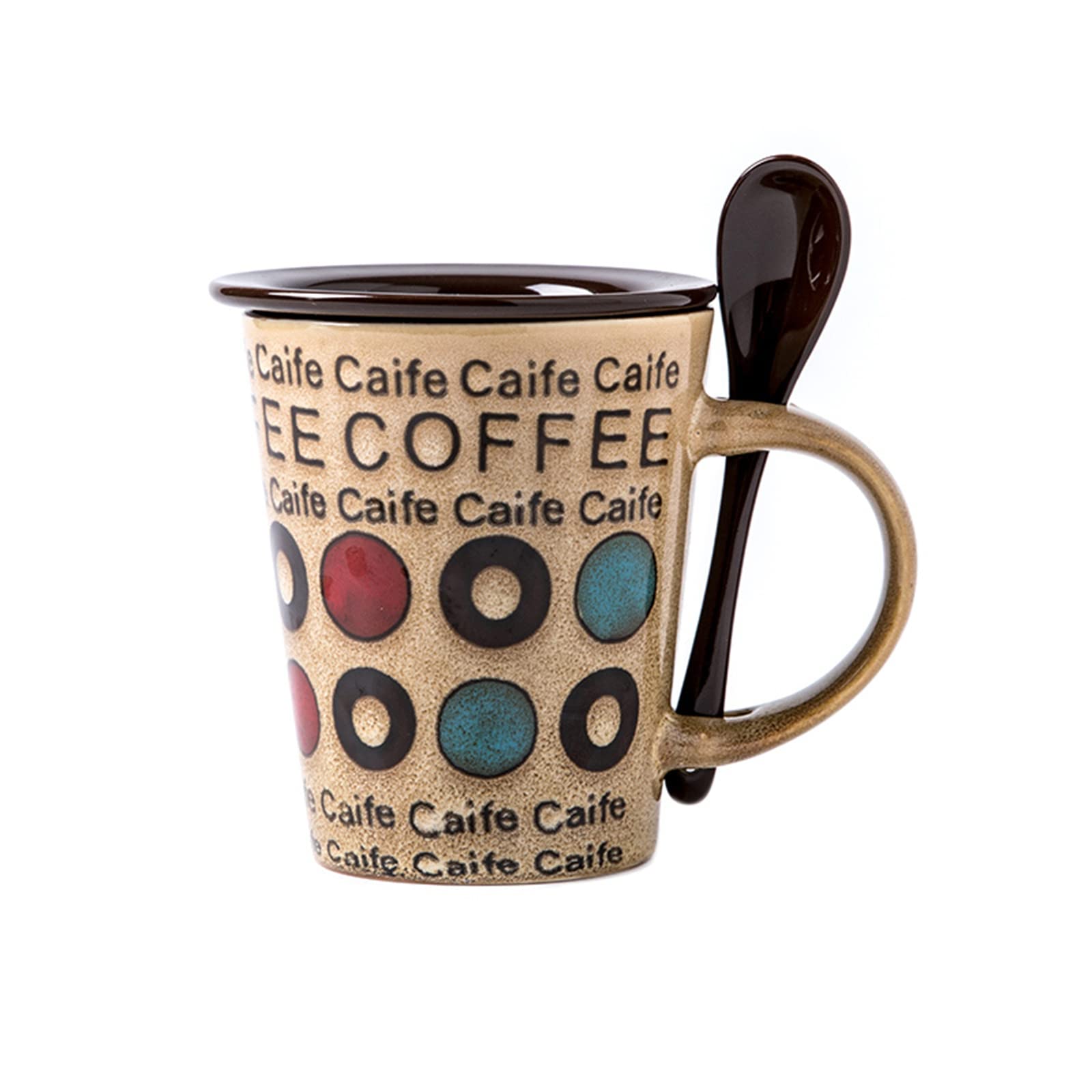 Mglesmuu マグカップ 陶器 ヒーカップ ティーカップ 大容量 オフィス カップ ふた付き スプーン付き セラミックス 和風 プレゼント クリスマス ギフト 贈り物 (BB1)