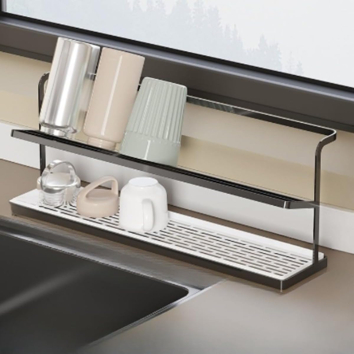 Quirix 水切りラック ボトルホルダー 水切り コップ置き 哺乳瓶 グラスホルダー 斜め水筒ホルダー 水切りバスケット 水切りトレイ 約39 x 11.3 x 19 cm (ブラック)